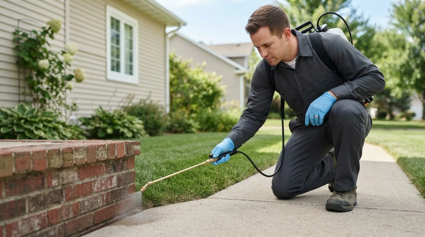 Pest control technician treating a home near Talpa, TX